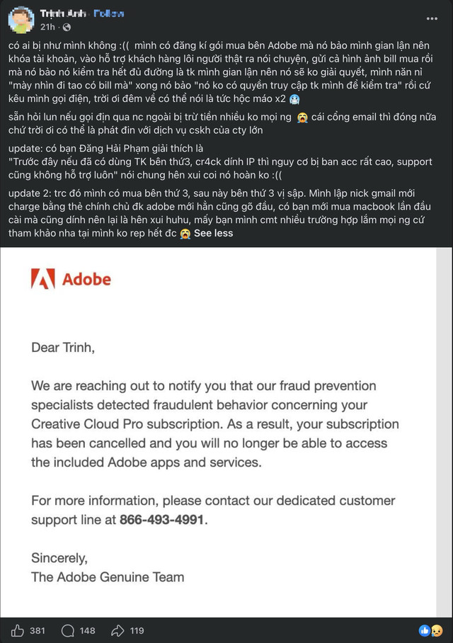 Người dùng Việt dùng Adobe bản quyền vẫn bị khoá tài khoản - Ảnh 2
